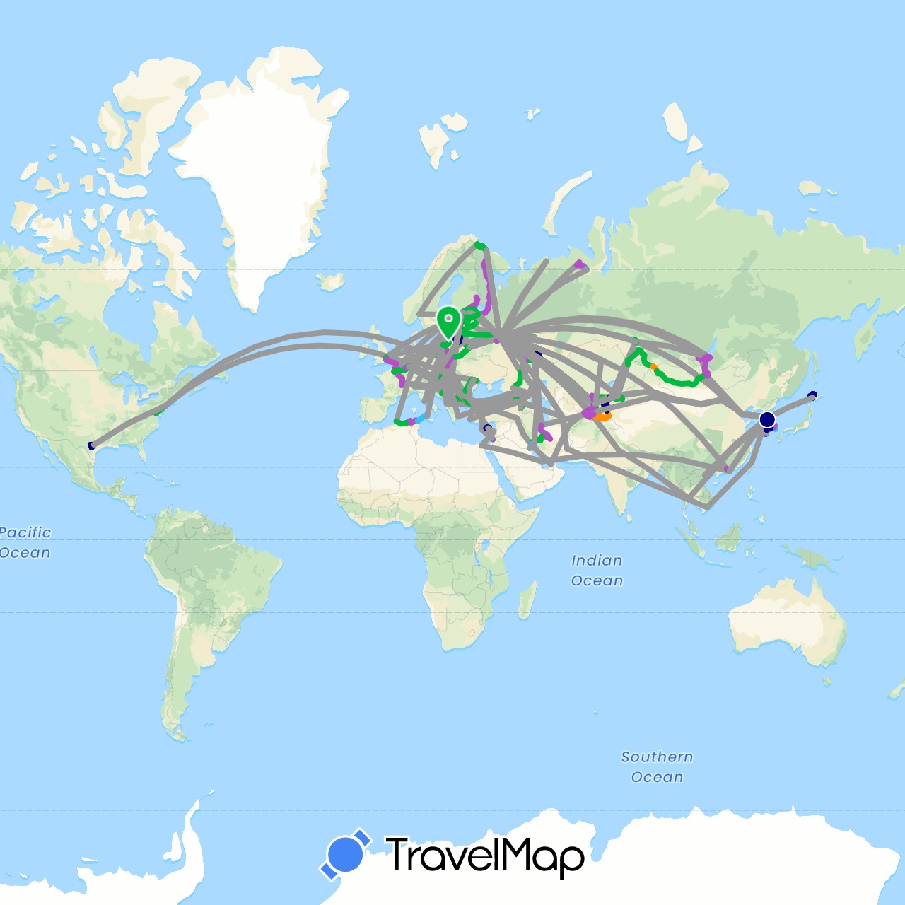 TravelMap itinerary: driving, bus, plane, cycling, train, hiking, boat, hitchhiking in United Arab Emirates, Albania, Armenia, Austria, Azerbaijan, Bosnia and Herzegovina, Belarus, Switzerland, China, Cyprus, Germany, Algeria, Estonia, Egypt, Finland, France, United Kingdom, Georgia, Greece, Croatia, Hungary, Israel, India, Iran, Italy, Japan, Kyrgyzstan, South Korea, Kuwait, Kazakhstan, Lebanon, Lithuania, Luxembourg, Latvia, Moldova, Macedonia, Myanmar (Burma), Mongolia, Norway, Poland, Palestinian Territories, Qatar, Romania, Serbia, Russia, Sweden, Thailand, Tajikistan, Turkmenistan, Tunisia, Turkey, Taiwan, United States, Uzbekistan, Vietnam (Africa, Asia, Europe, North America)