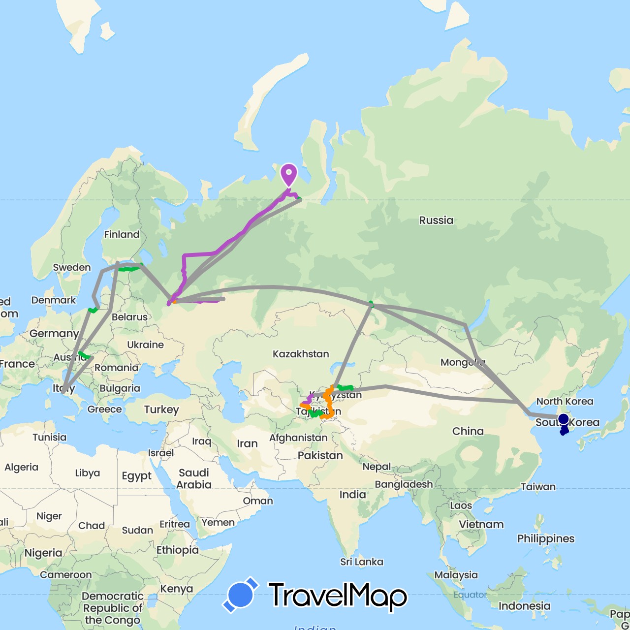 TravelMap itinerary: driving, bus, plane, train, hiking, boat, hitchhiking in Austria, China, Estonia, Finland, Hungary, Italy, Kyrgyzstan, South Korea, Mongolia, Poland, Russia, Tajikistan, Uzbekistan (Asia, Europe)